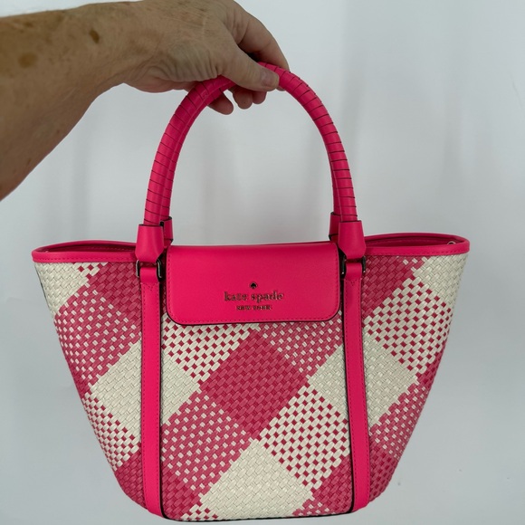 Kate Spade Cruise Gingham Medium Pink and Cream Woven Tote Bag
